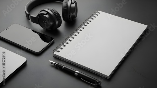 Professional desk setup featuring a silver laptop, two smartphones, wireless headphones, a fountain pen, and a blank spiral notebook for mockups, all arranged on a dark grey desk.