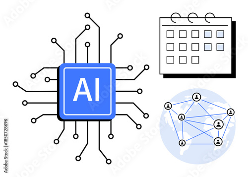 AI chip with connected nodes, network map showing global collaboration, calendar for time management. Ideal for technology, innovation, data, global communication, teamwork, scheduling future