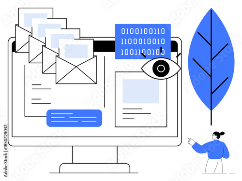 Cybersecurity, digital communication, online privacy, email management, data exchange, technology awareness. A screen with email icons, binary code and a person pointing. Cybersecurity and digital