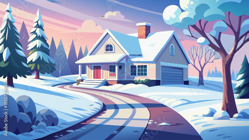 Snowy winter scene featuring a white residential house and an icy driveway, captured in soft natural light with fresh snow creating a calm and minimalist seasonal setting