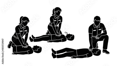 Black Paramedic Silhouette Vector Set Showing CPR Compressions Pulse Breathing Recovery Actions