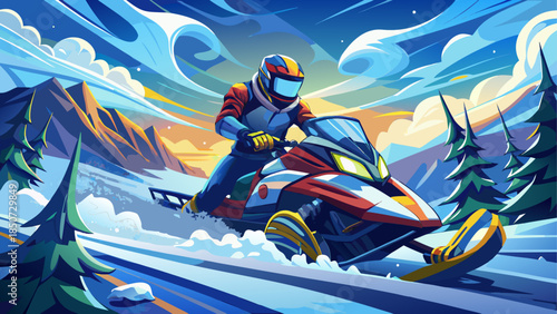 Dynamic winter action scene of a snowmobile adventure racing across snowy terrain, kicking up powder and capturing speed, excitement, and adrenaline in a frozen outdoor landscape