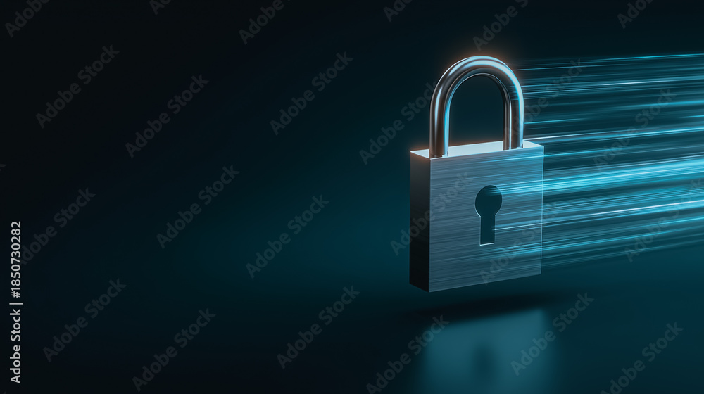 Naklejka premium A sleek padlock with dynamic glowing lines suggesting data transfer, emphasizing security and protection.