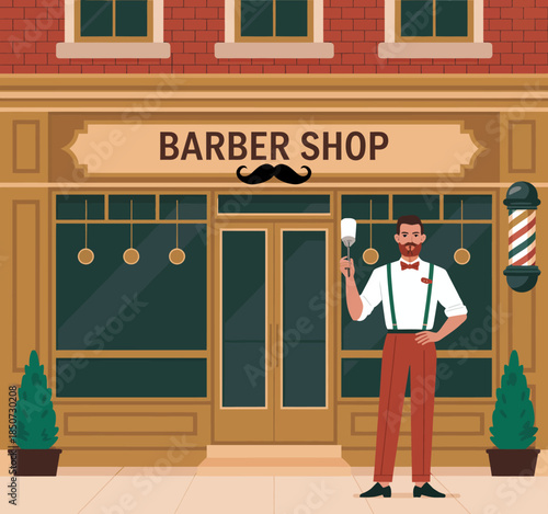 A charming vintage barber shop illustration showcases a stylish barber standing outside, radiating a welcoming vibe that evokes nostalgia and community spirit for customers.