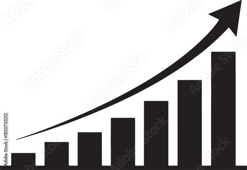 Black silhouette of a bar graph with an upward trending arrow indicating growth and positive progress in business or finance also transparent background