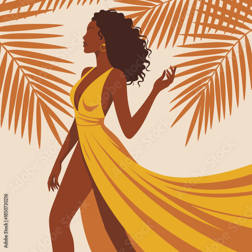 A striking silhouette of an elegant woman dressed in a flowing gown, adorned by palm leaves, evoking a feeling of sophistication and tropical allure in modern artistry.