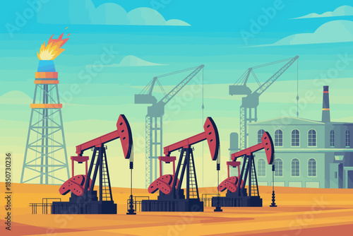 An illustration showcasing oil extraction with pumpjacks amidst an industrial backdrop, featuring a gas flare and cranes, highlighting the oil industry's role in energy production.