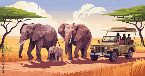 This vibrant landscape shows a family of elephants, including a baby, walking through the savanna, with a jeep and adventurers observing them, highlighting wildlife connection.