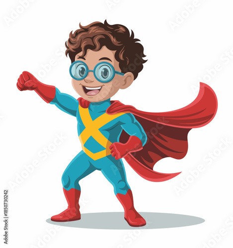 A cheerful young boy dressed as a superhero, complete with a colorful costume and cape, embodies imagination and the playful spirit of childhood dreams and aspirations.