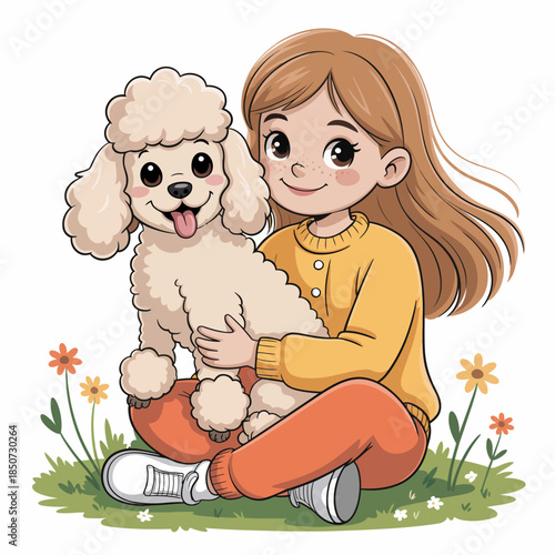 A cheerful girl with brown hair happily cuddles her fluffy poodle in a lush meadow filled with colorful flowers, embodying friendship and joy in a lively outdoor scene.