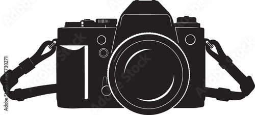 Classic black silhouette of a vintage analog camera with a wide lens and adjustable strap ready for capturing timeless moments and creative also transparent background