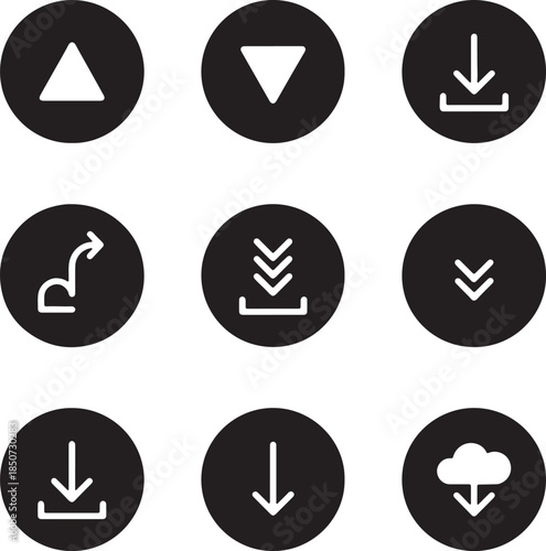 Collection of nine black circular featuring white directional arrows and download symbols for user interface and navigation controls also transparent background
