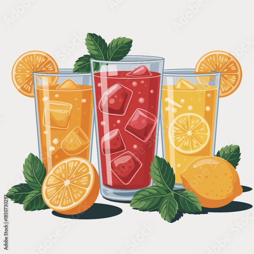 A refreshing trio of summer drinks filled with ice and vibrant fruit flavors, showcasing a delicious array of citrus beverages perfect for bright, sunny days.
