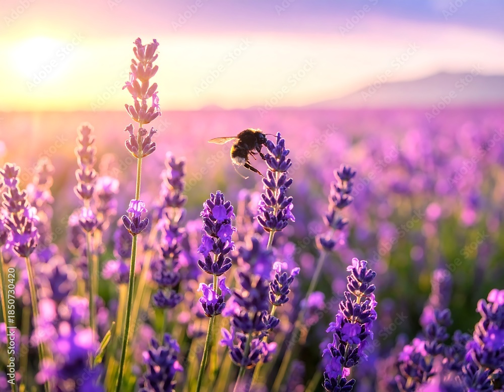 Obraz premium Close-up of lavender field with bee, sunset over mountains