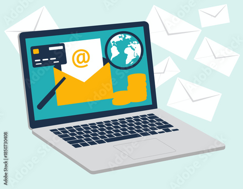 This image showcases a laptop displaying an email icon, with elements like a credit card and coins symbolizing digital transactions and modern communication methods.
