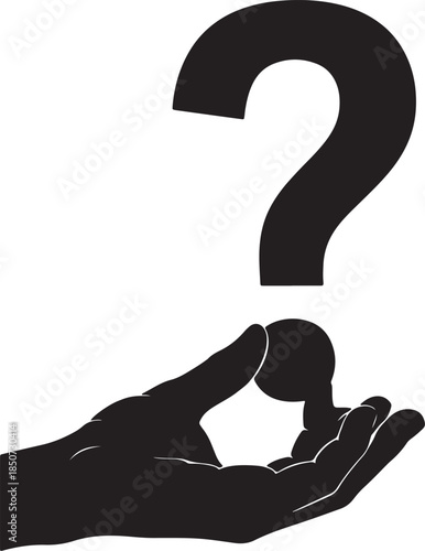 Silhouette of a hand holding a small sphere beneath a large black question mark symbolizing curiosity doubt or a search for answers and solutions also transparent background