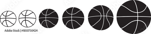 Progression of black basketball silhouettes in a size gradient from small to large, illustrating sports equipment and growth concepts on white also transparent background
