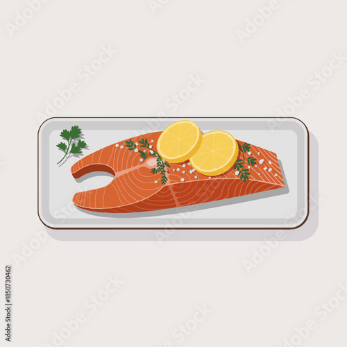 An appetizing illustration of a salmon dish garnished with lemon slices and fresh herbs, showcasing culinary artistry and flavor, appealing to foodies and chefs alike.
