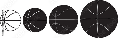 Four black basketballs of varying sizes depicted in silhouette with white lines highlighting the seams and panels creating a visual progression of scale and detail also transparent background