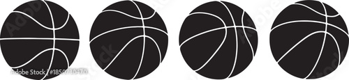 Four black basketballs in silhouette with white lines showing seams and panels arranged horizontally, each with a slightly different oval shape and line detail also transparent background