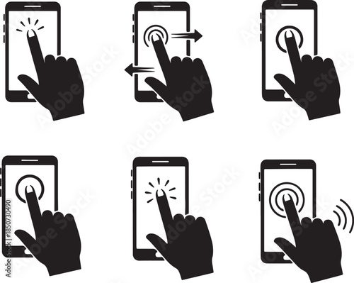 Six black silhouette depicting a hand interacting with a smartphone screen through various touch gestures like tapping, swiping, and pressing also transparent background