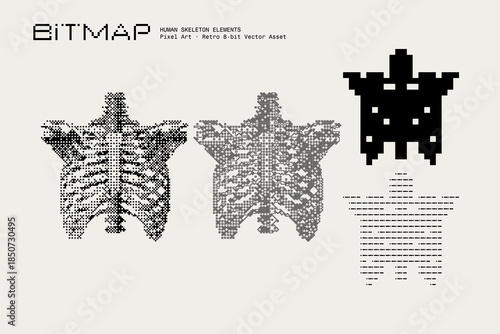 Abstract Human Skeleton Vector Illustration, Bitmap Dithering, Retro-Futuristic Pixel Art Texture, Monochrome Visual Elements