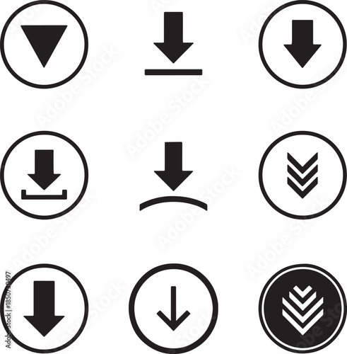 Collection of nine distinct black and white download each enclosed within a circular border representing data transfer and digital information also transparent background