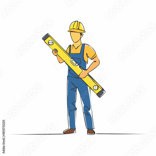 Single continuous line drawing of young handyman wearing building construction uniform while holding spirit level. Craftsman home repair service concept.