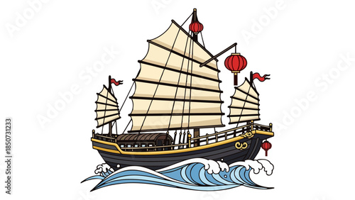 Traditional Chinese Junk Boat Sailing on Wavy Ocean with Red Lanterns
