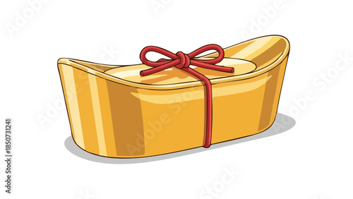 Golden Chinese Yuanbao Ingot Tied with Red Ribbon Symbol of Wealth and Prosperity for Lunar New Year