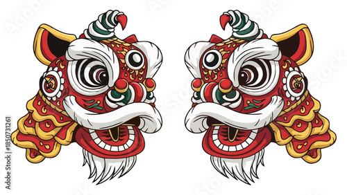 Vibrant Twin Chinese Lion Dance Heads Festive Celebration Asian Culture Art