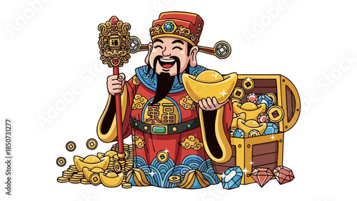 Prosperous Chinese God of Wealth Cai Shen holding gold ingot and treasure chest symbolizing good fortune and wealth for Lunar New Year celebrations and financial success