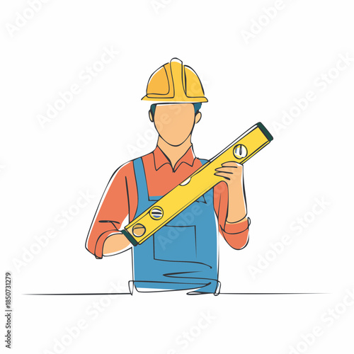 Single continuous line drawing of young handyman wearing building construction uniform while holding spirit level. Craftsman home repair service concept.