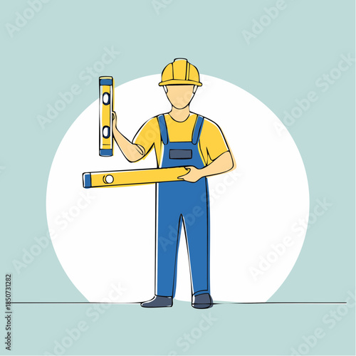 Single continuous line drawing of young handyman wearing building construction uniform while holding spirit level. Craftsman home repair service concept.