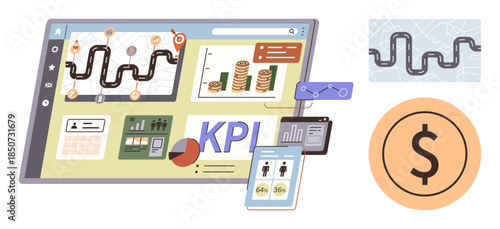 Business dashboard displaying KPI metrics, financial charts, goal roadmap, and user analysis. Ideal for business growth, performance tracking, goal setting, finance, analytics strategy management