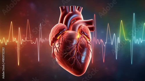 scientific 3D visualization of a realistic human heart beating steadily with animated spectrum colors in the background
