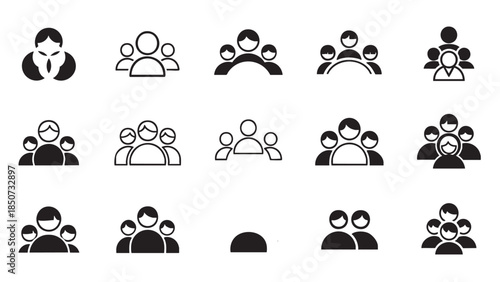 Collection of Diverse People Icons Showing Groupings and Social Interaction