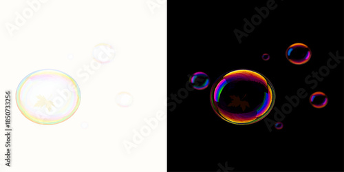 Shiny rainbow-colored soap bubbles isolated on black background, resembling colorful glass spheres of light