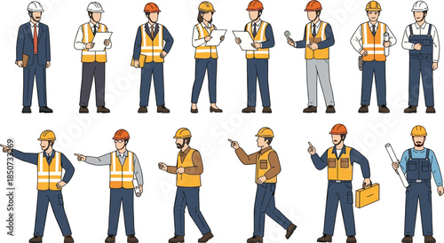 Construction workers and engineers illustration set, safety helmet and vest professionals, industrial job characters poses, flat vector design collection
