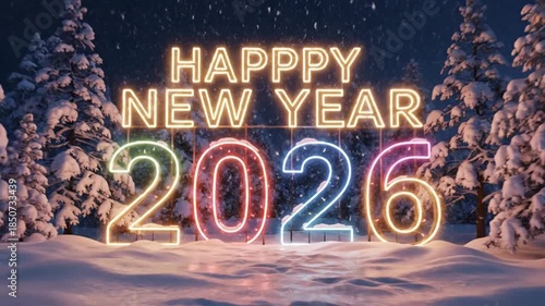 Wallpaper Mural Bright Neon New Year 2026 Sign Displayed in Snowy Forest During Night Celebrations Torontodigital.ca