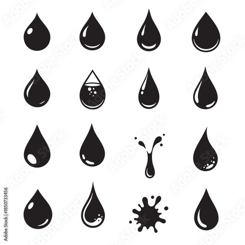 Collection of water droplet and splash icons on transparent background