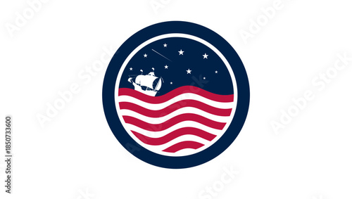 The US Navy flag logo. A ship crossing the ocean in a night landscape.