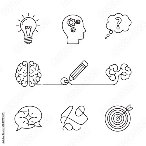 Creative Thinking and Focus Concepts Illustration featuring brain ideas and goal achievements