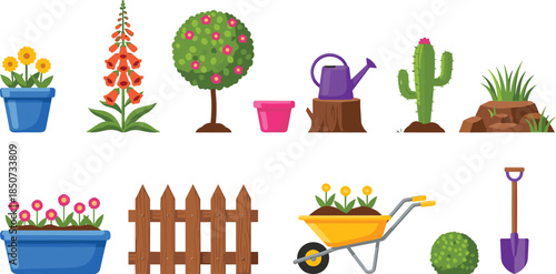 Garden elements icon set, plants flowers trees tools pots fence wheelbarrow cactus, colorful flat vector illustration isolated on white background