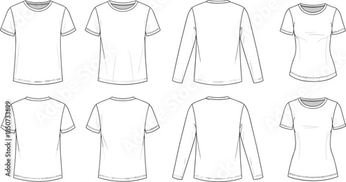 Blank t-shirt technical drawing set, front and back views, short sleeve and long sleeve apparel outline templates, fashion vector illustration