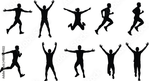 Jumping men silhouettes set, energetic male action poses, running and jumping fitness movements, black isolated figures on white background vector