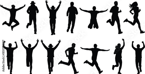 Jumping people silhouettes set, energetic men and women action poses, happy movement figures isolated on white background, dynamic vector illustration