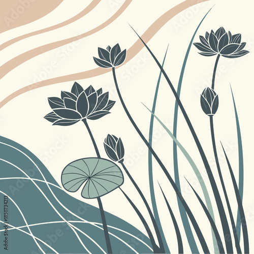Abstract botanical illustration featuring dark lotus flowers green lily pads and flowing curved shapes in a minimalist style 