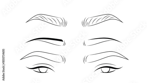 Stylized eyebrow line art set with different brow shapes (arched, straight, curved), minimalist beauty design, black single line aesthetic 