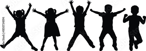 Happy kids jumping silhouettes set, playful children action poses, black isolated figures on white background, fun childhood activity concept illustration